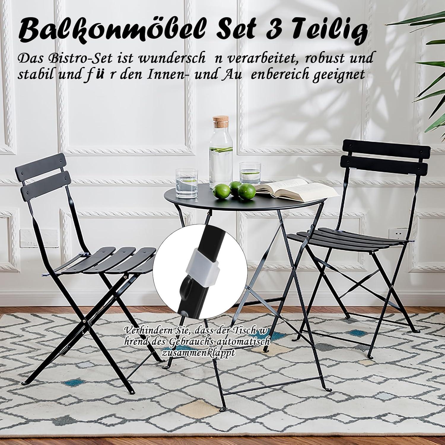 Balkonmöbel Set 3-teilig Klappstuhl Klapptisch Schwarz Metall