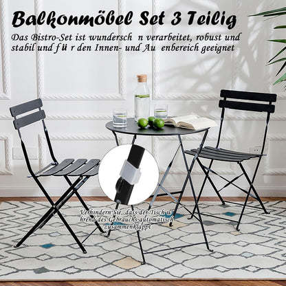 Balkonmöbel Set 3-teilig Klappstuhl Klapptisch Schwarz Metall