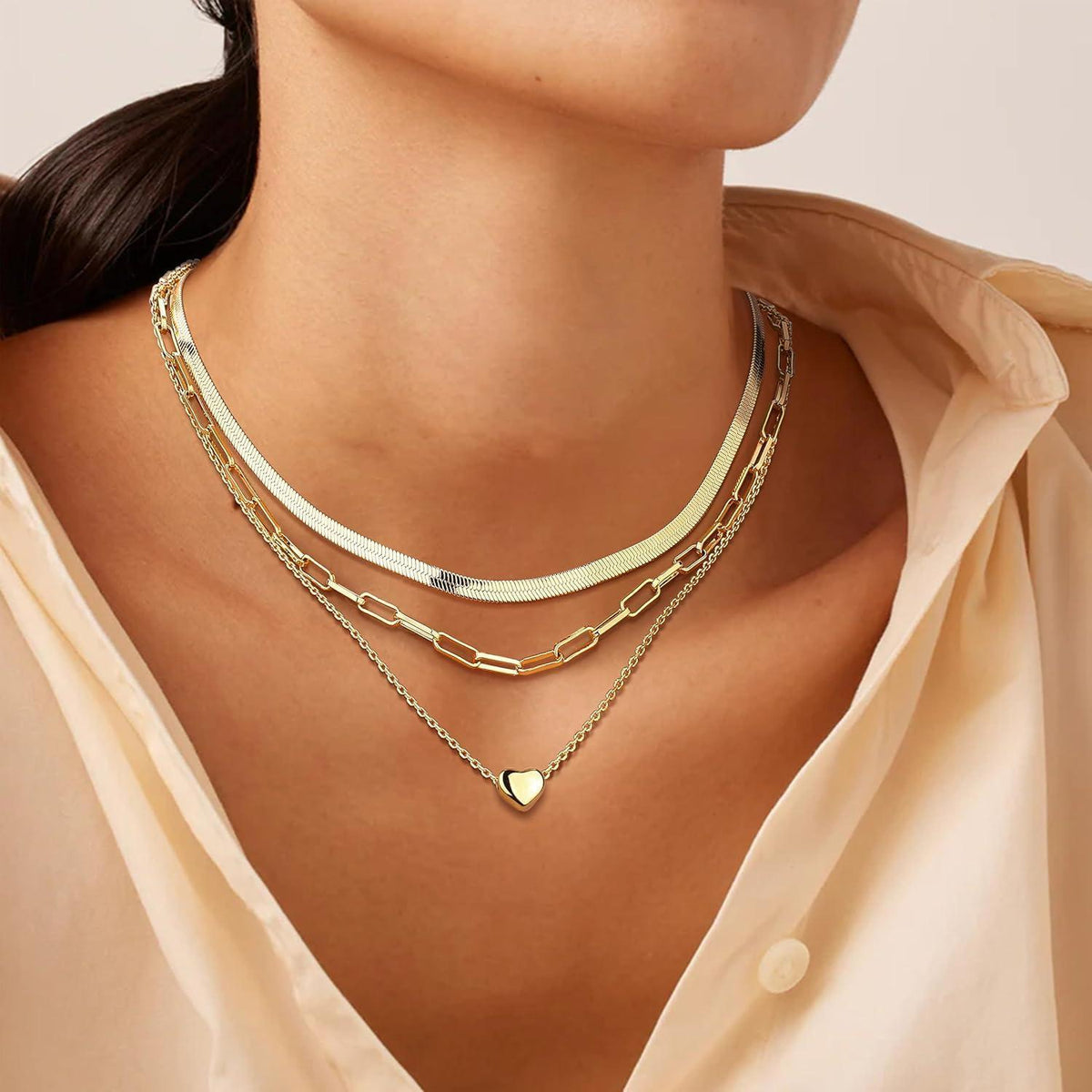 Damen Stapelketten Edelstahl Gold Silber Herzanhänger