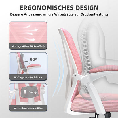 Bürostuhl Ergonomisch mit Lendenstütze Armlehnen Netzstuhl Rosa