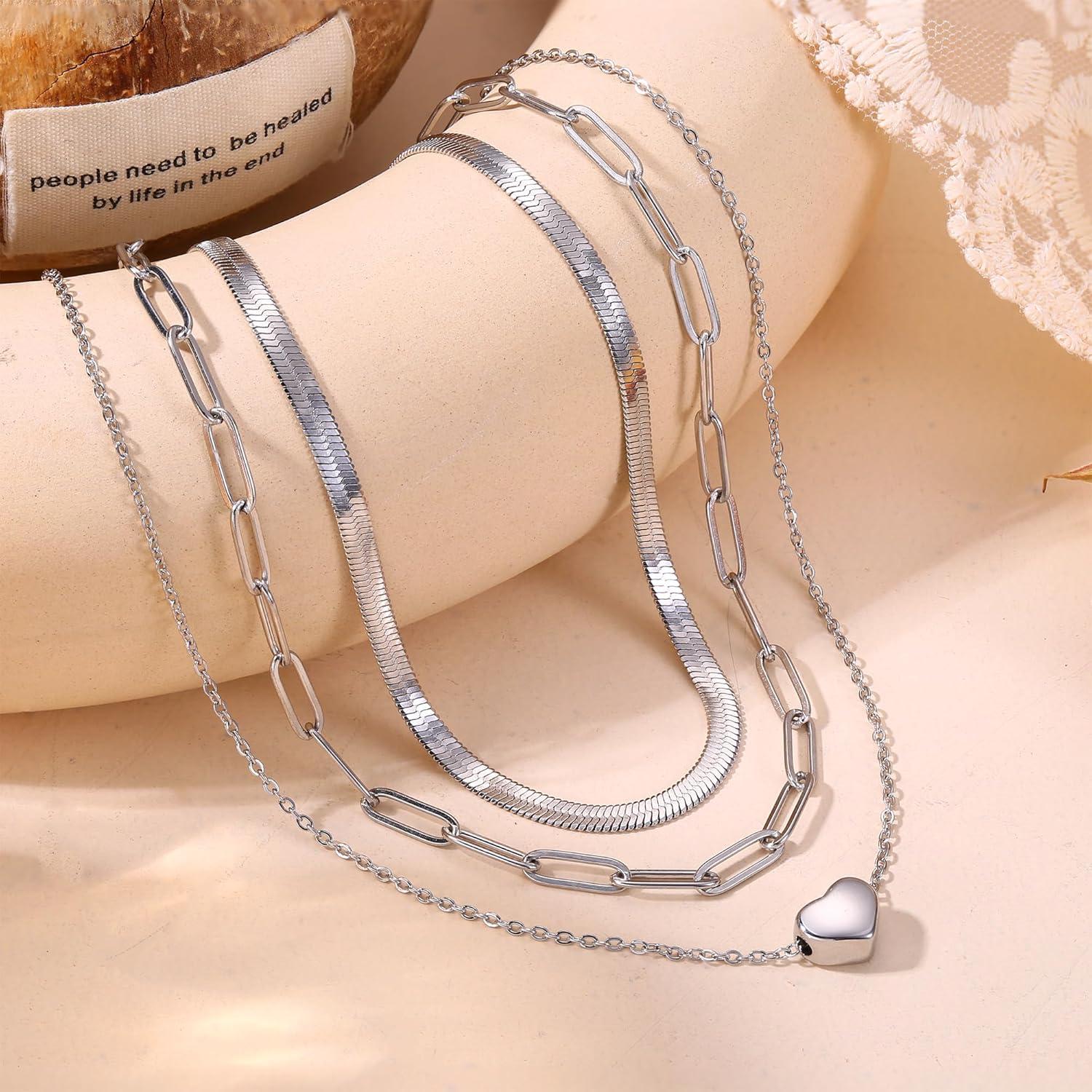 Adramata Mehrreihige Halskette Set Damen Gold & Silber Edelstahl Herz Kreuz Münze