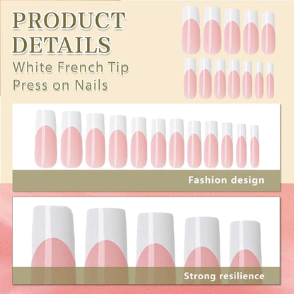 120er Set Lange Französische Press On Nails - Weiße Viereckige Falsch Nägel