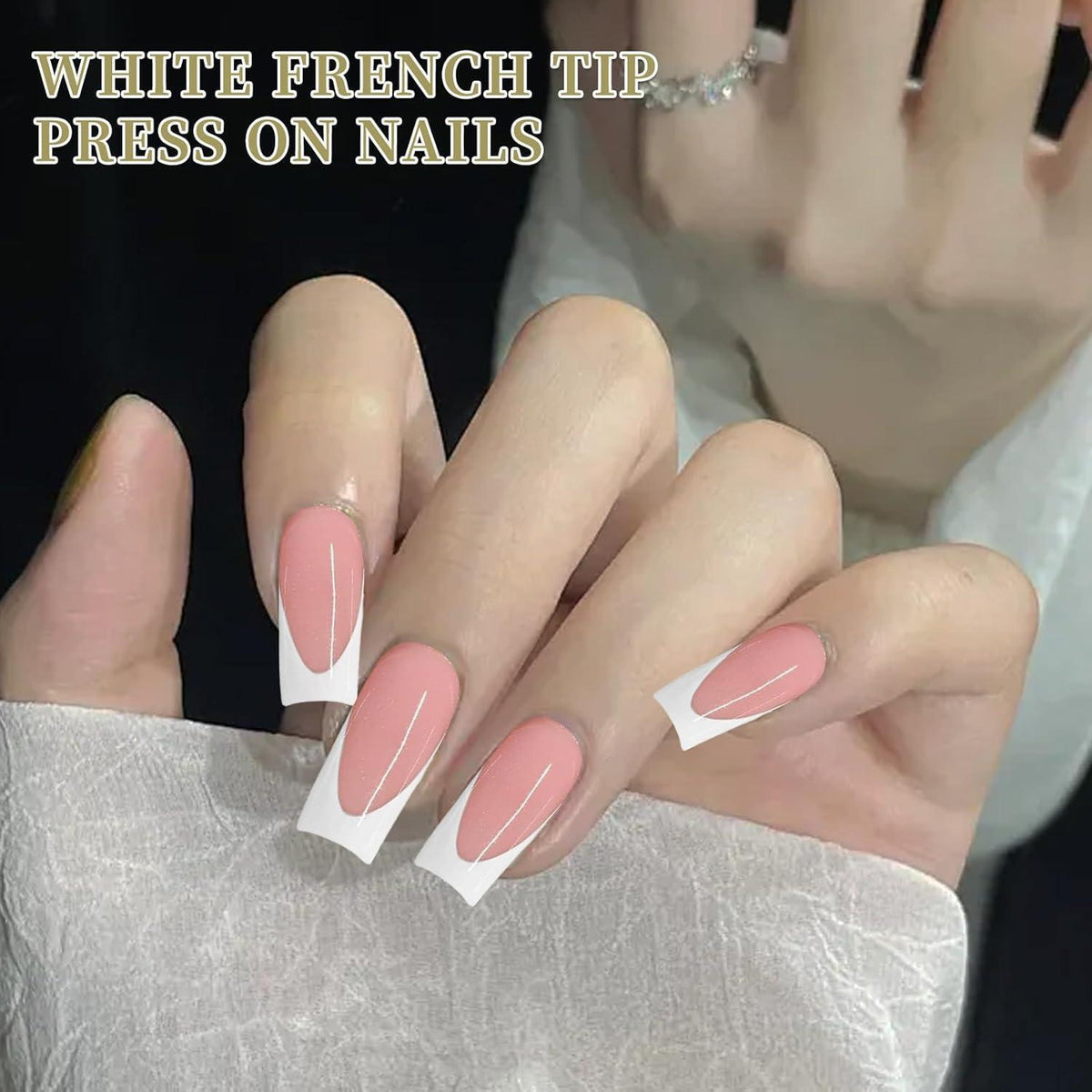 120er Set Lange Französische Press On Nails - Weiße Viereckige Falsch Nägel