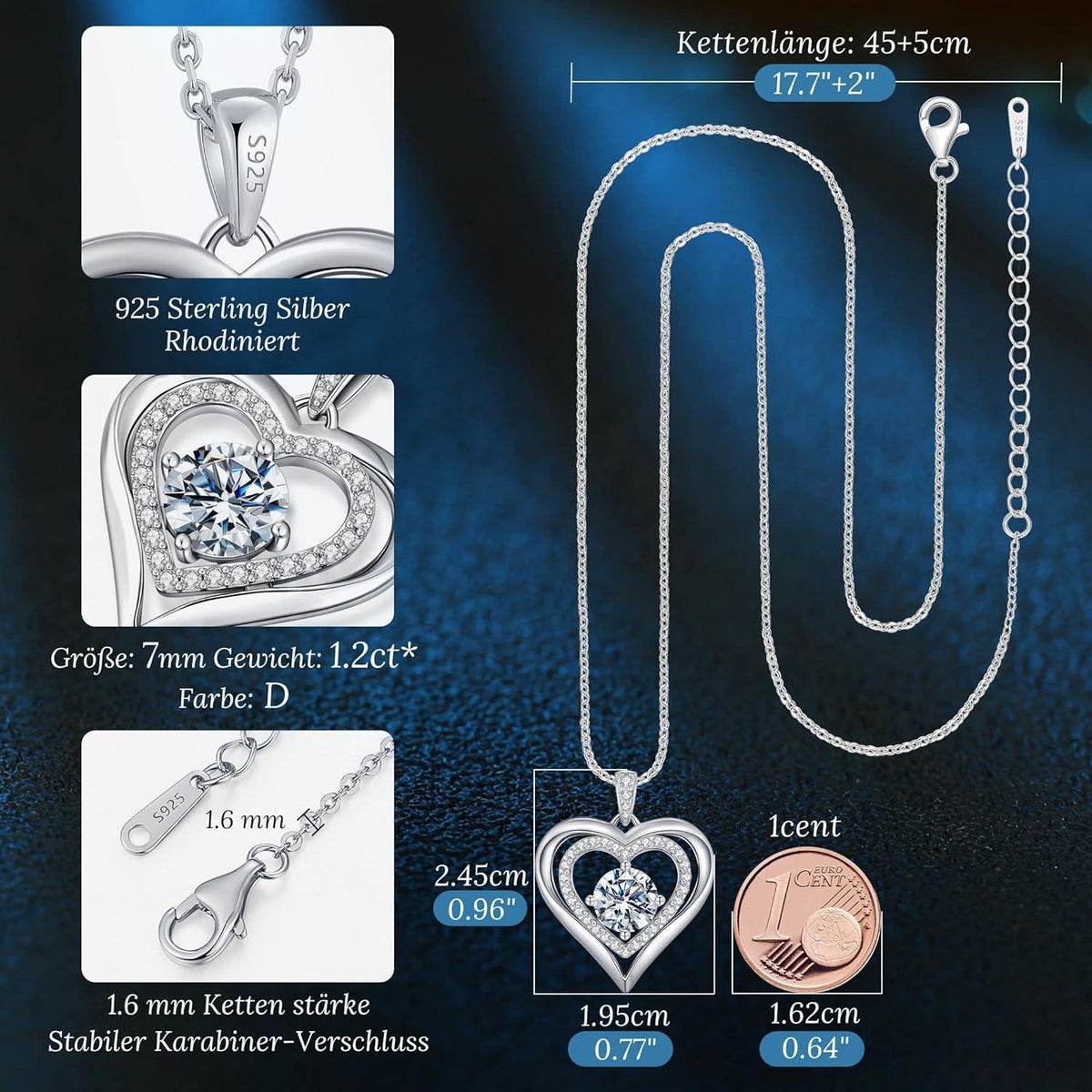 Silber Herz Halskette Damen Moissanite 1.vergoldet
