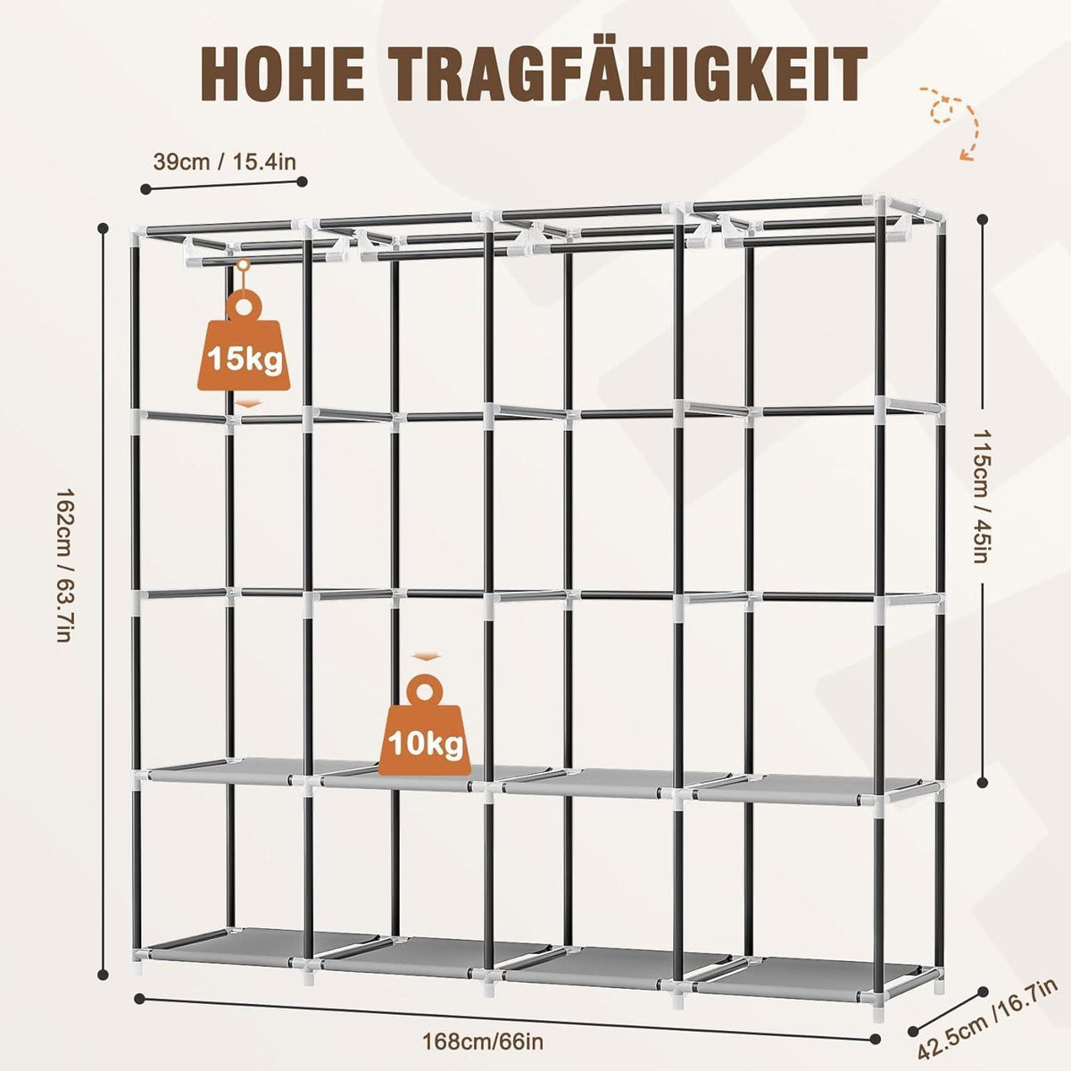Faltbarer Stoffschrank mit Kleiderstange & Fächern – Grau
