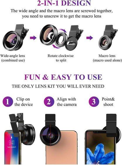 2-in-1 Universal Kamera Handy Objektiv Set 12,5X Makro 0,45X