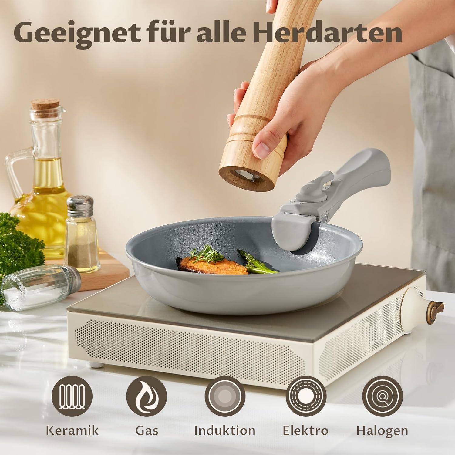 Pfannenset 7 tlg Abnehmbarer Griff Induktion 20 24 28 cm Antihaft