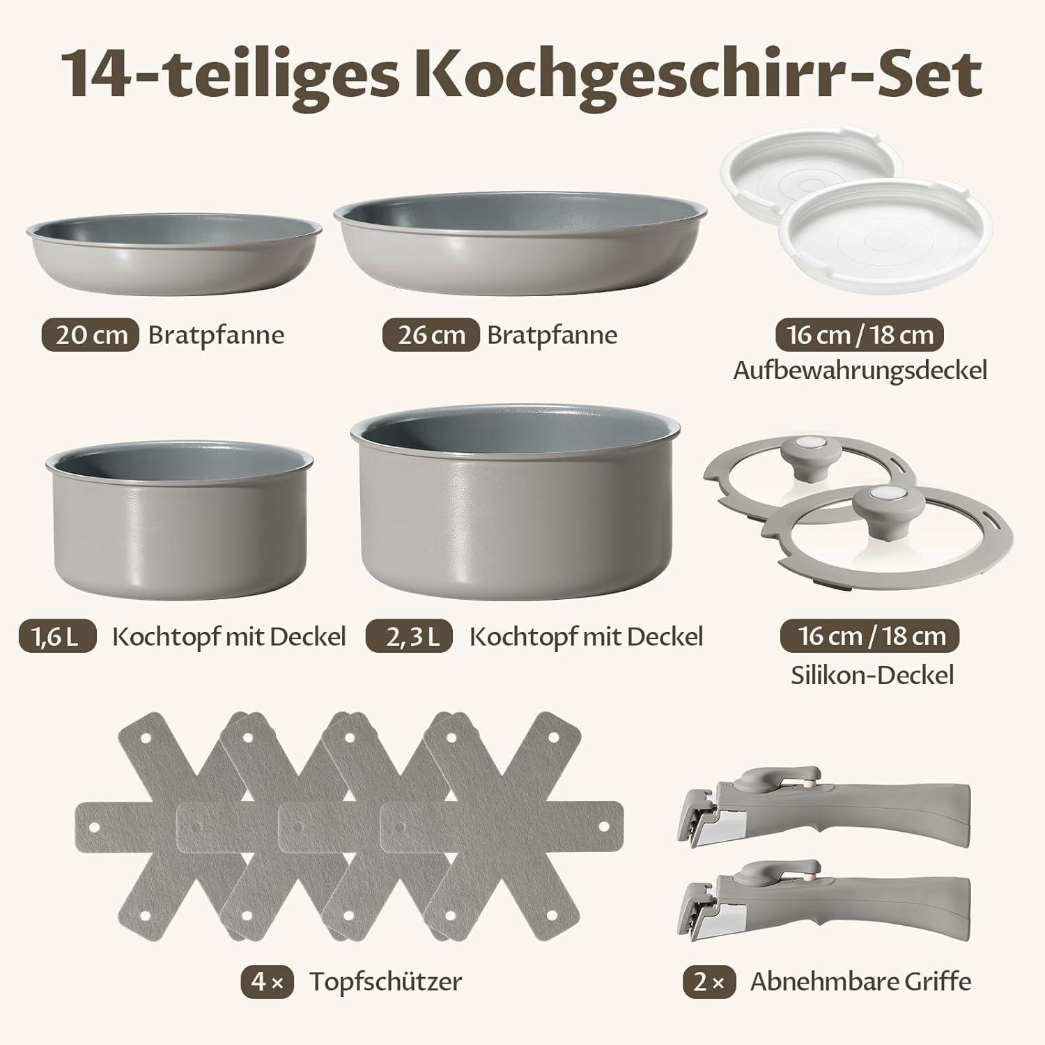 Pfannenset Induktion 14-teilig abnehmbaren Griffen und