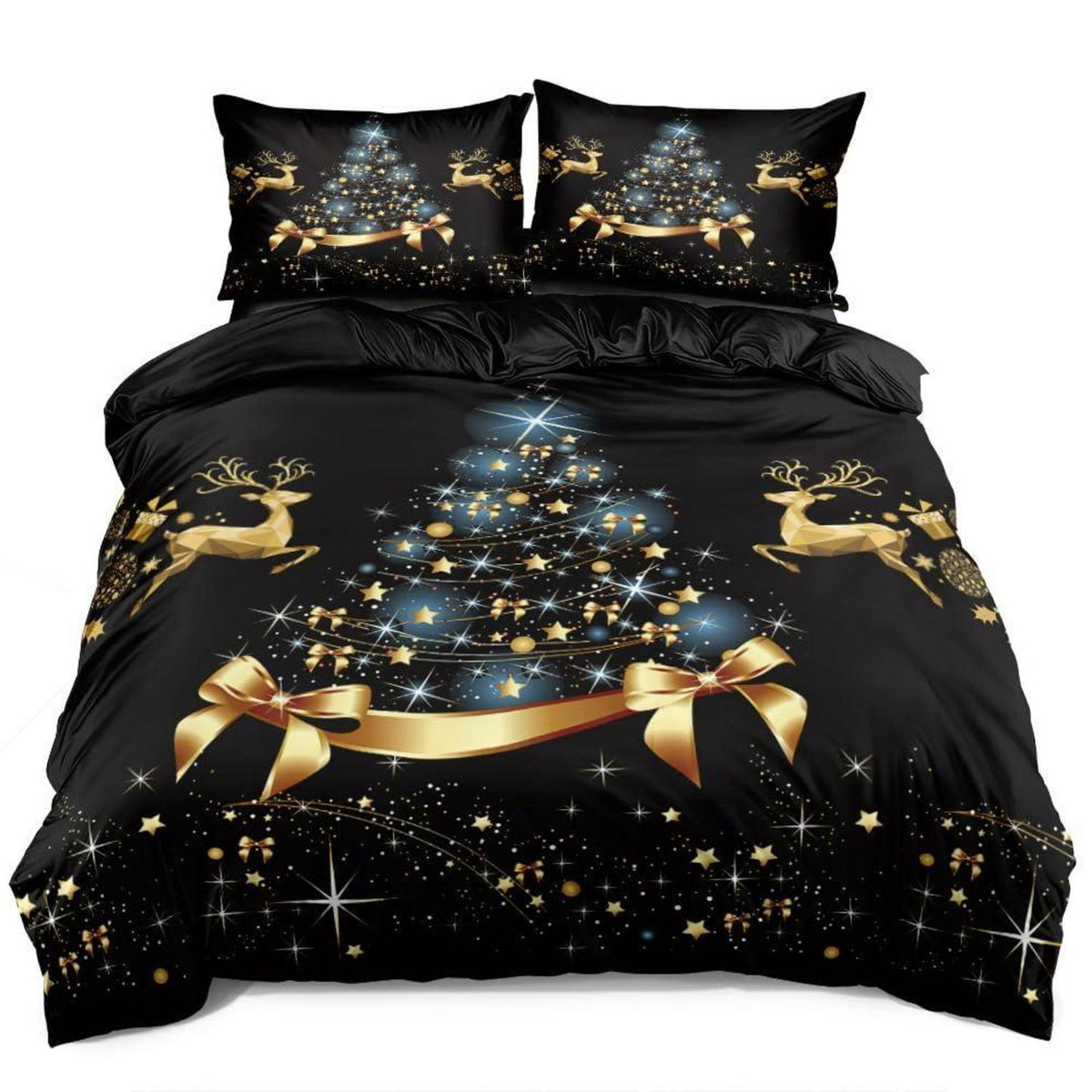 Weihnachts Bettwäsche Set 135x200 - Schwarz Gold Blau 4-teilig