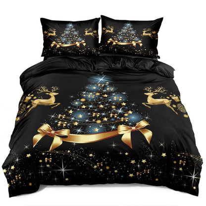 Weihnachts Bettwäsche Set 135x200 - Schwarz Gold Blau 4-teilig
