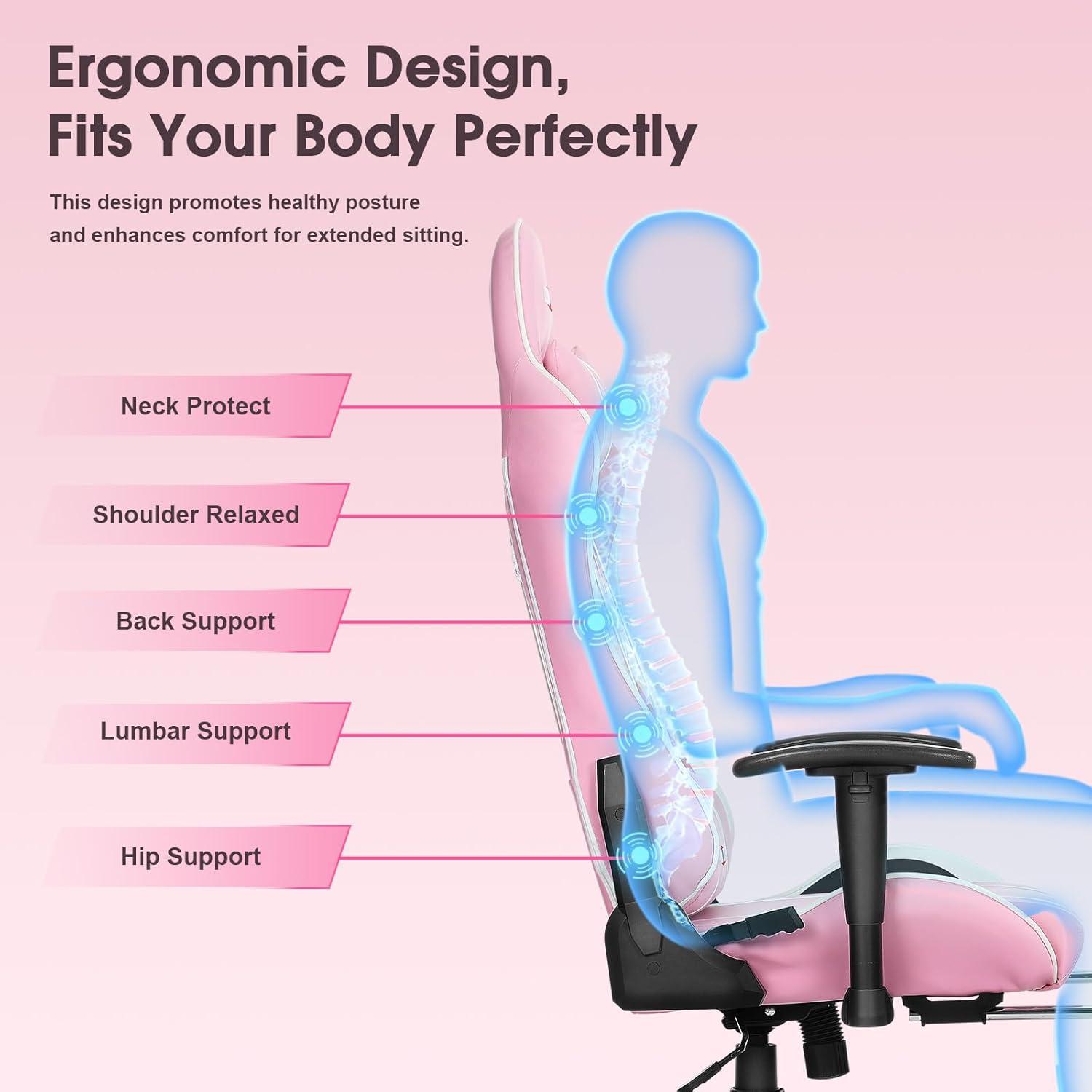 Douxlife Gaming Stuhl mit Massage Fußstütze Rosa 180KG