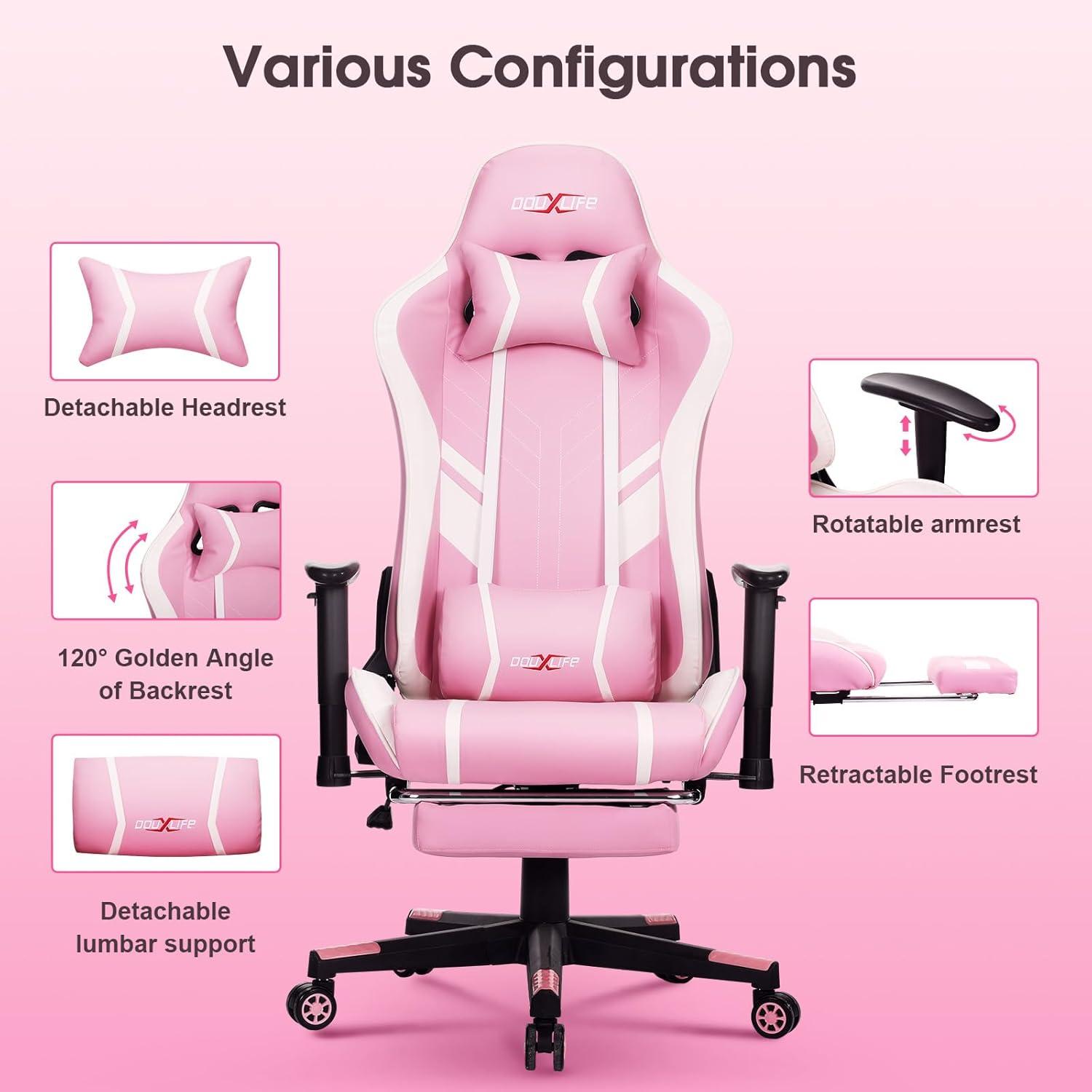 Douxlife Gaming Stuhl mit Massage Fußstütze Rosa 180KG