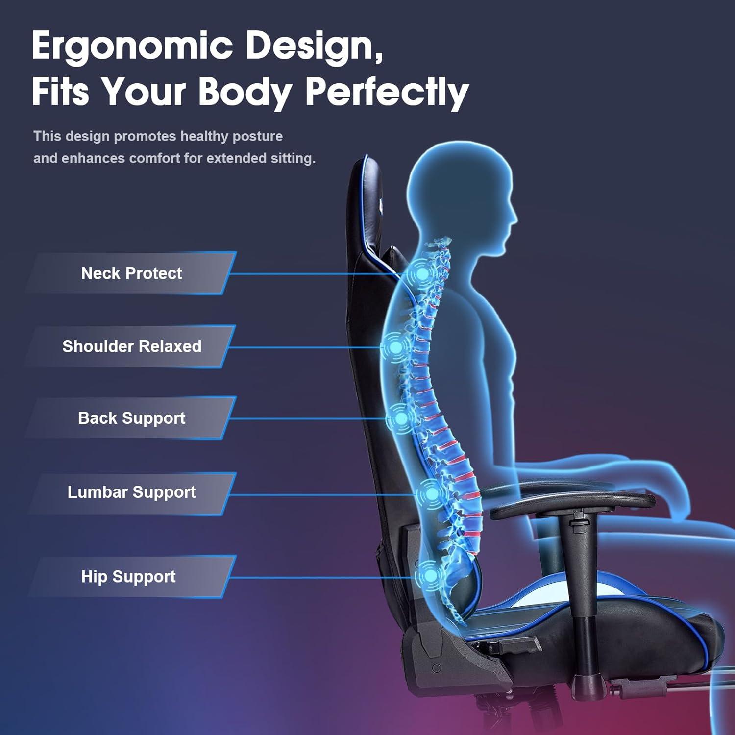 Gaming Stuhl mit 7 Punkt Massage und Fußstütze Blau 180KG Ergonomischer Bürostuhl