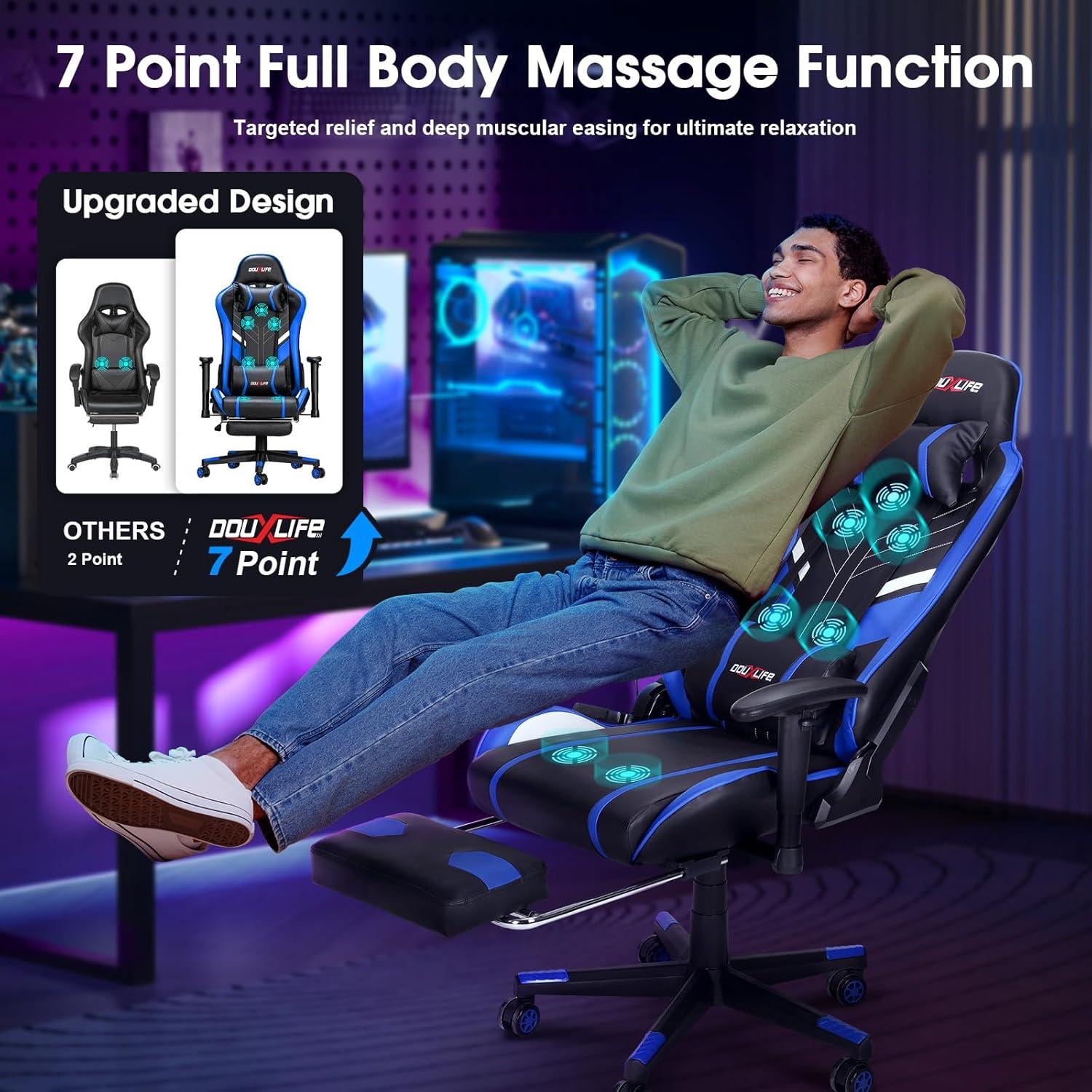 Gaming Stuhl Massage Fußstütze Ergonomisch 180KG Blau