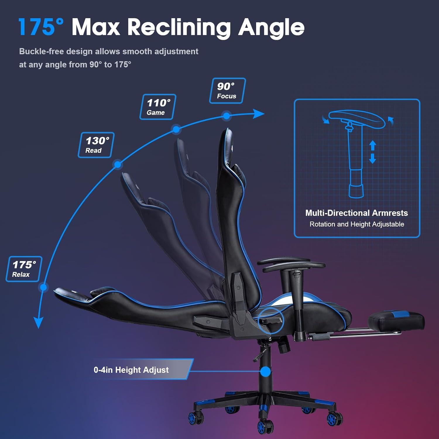 Gaming Stuhl Massage Fußstütze Ergonomisch 180KG Blau