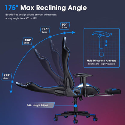 Gaming Stuhl Massage Fußstütze Ergonomisch 180KG Blau