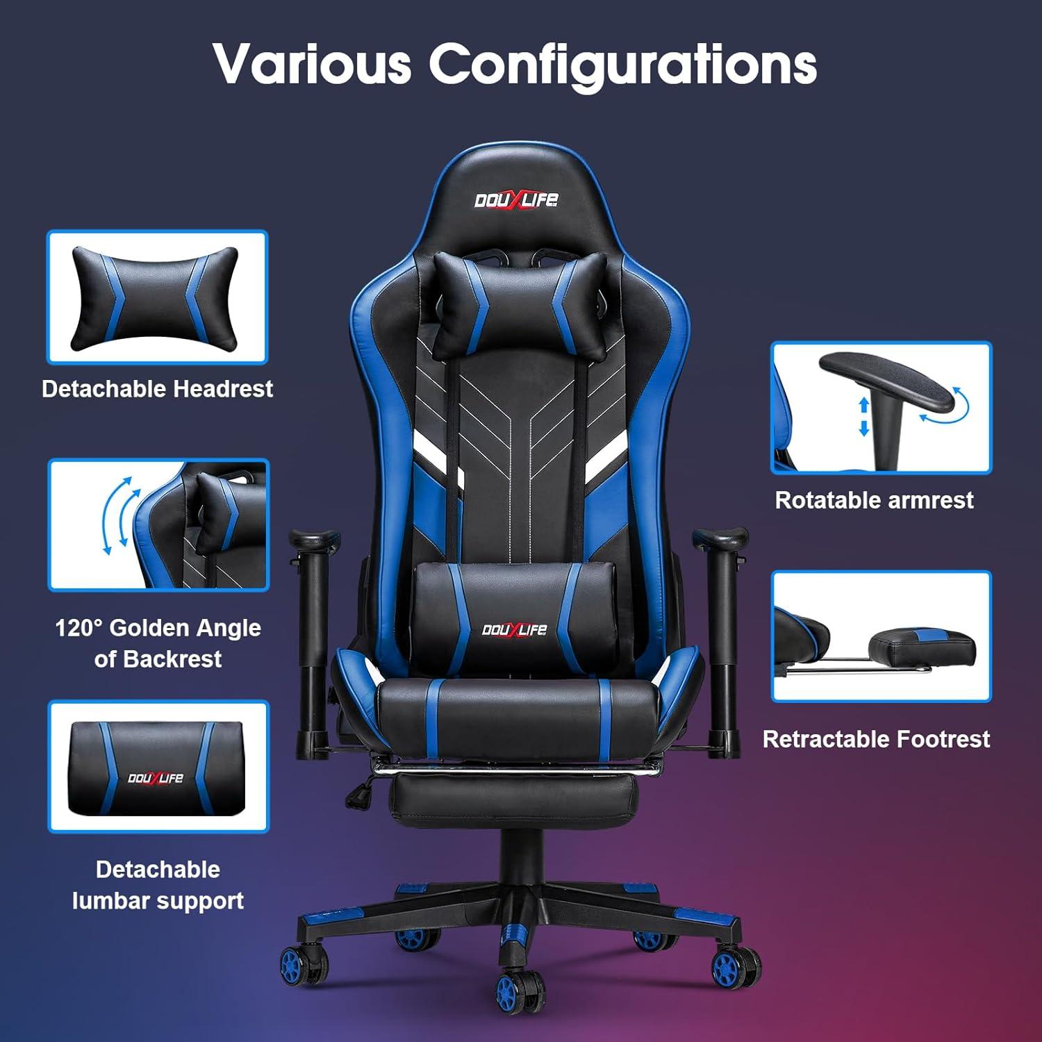Gaming Stuhl mit 7 Punkt Massage und Fußstütze Blau 180KG Ergonomischer Bürostuhl