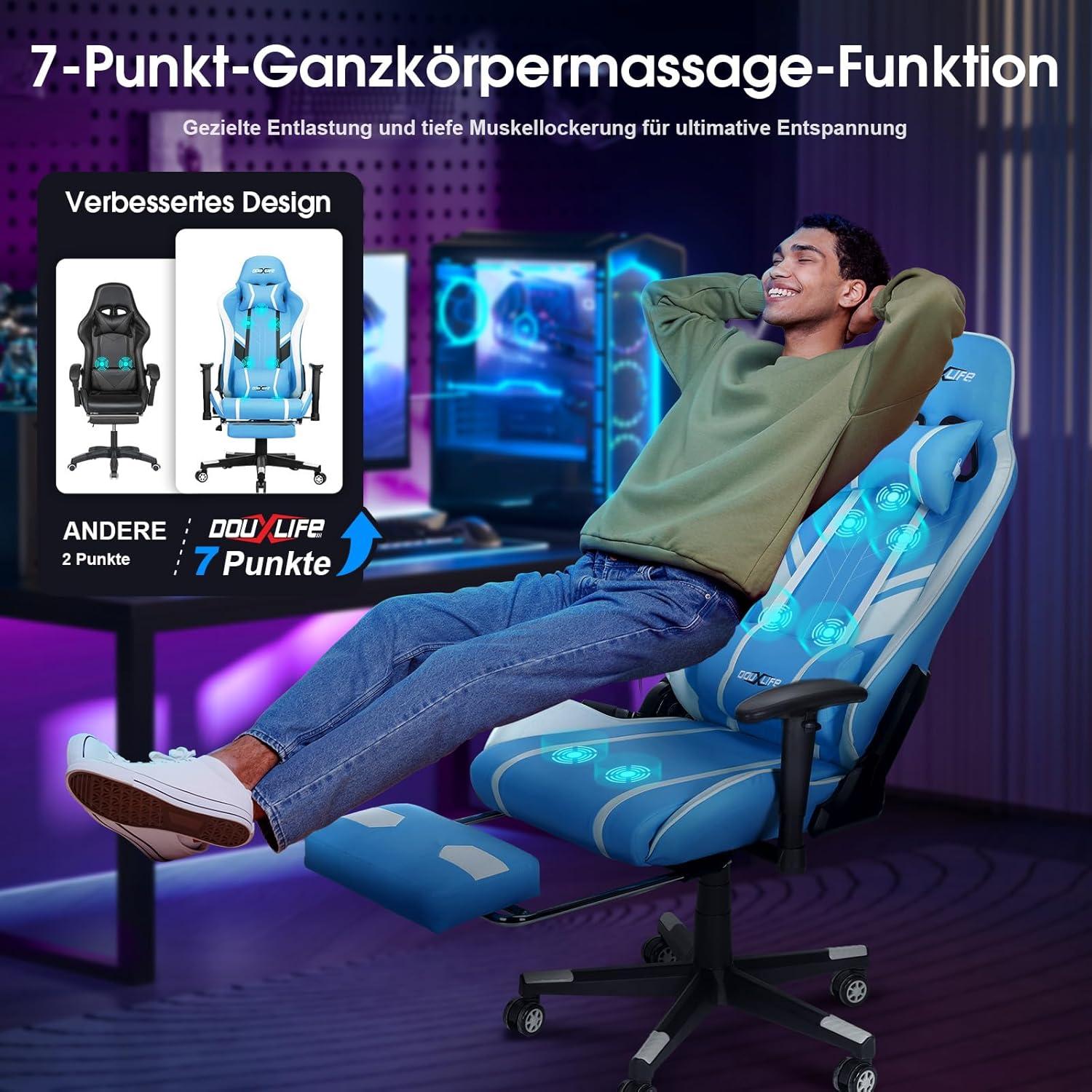 Gaming Stuhl mit 7 Punkt Massage und Fußstütze, Ergonomischer 180KG Bürostuhl, Blau