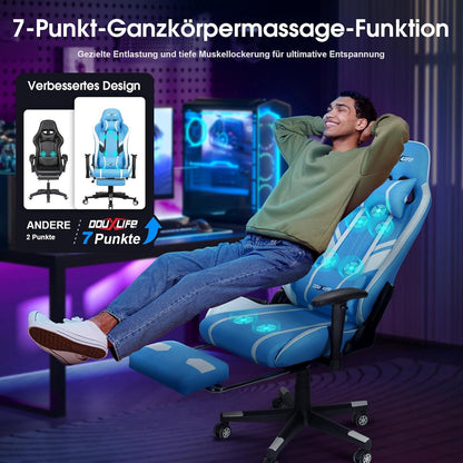 Gaming Stuhl mit 7 Punkt Massage und Fußstütze, Ergonomischer 180KG Bürostuhl, Blau