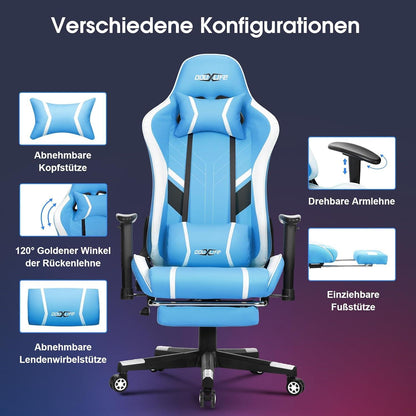 Gaming Stuhl mit 7 Punkt Massage und Fußstütze, Ergonomischer 180KG Bürostuhl, Blau