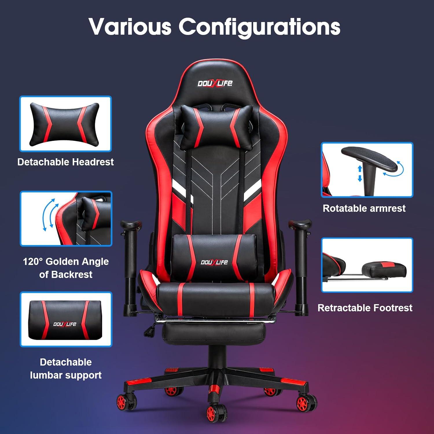 Gaming Stuhl mit 7 Punkt Massage und Fußstütze Rot 180KG Bürostuhl