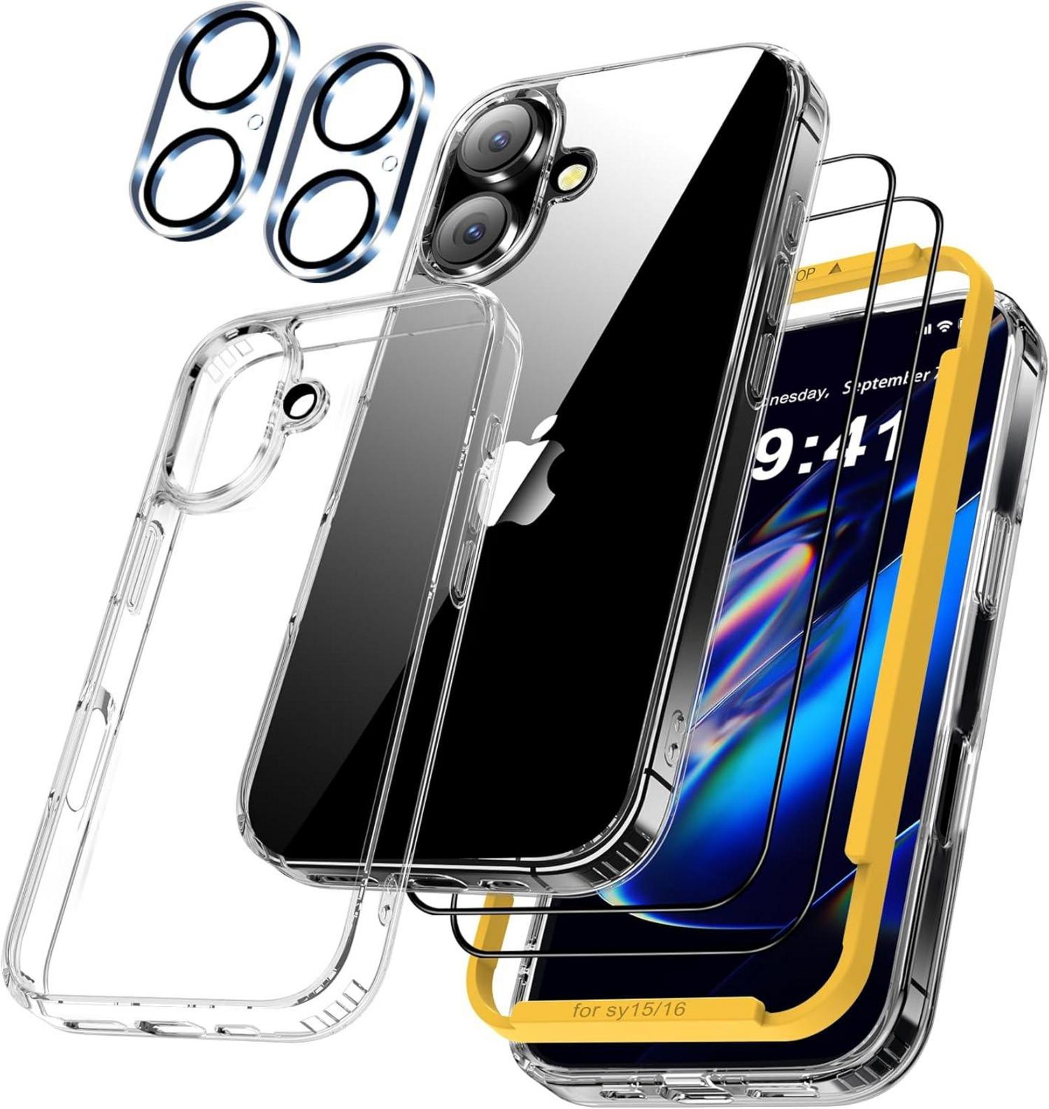 QHOHQ 5-in-1 iPhone 16 Hülle + 2X Schutzfolie + 2X Kameraschutz