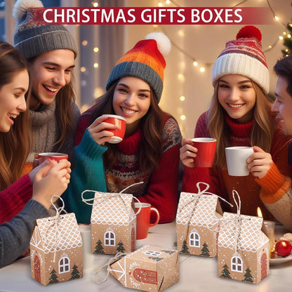 24er Weihnachts-Geschenkboxen Kraftpapier Häuschen