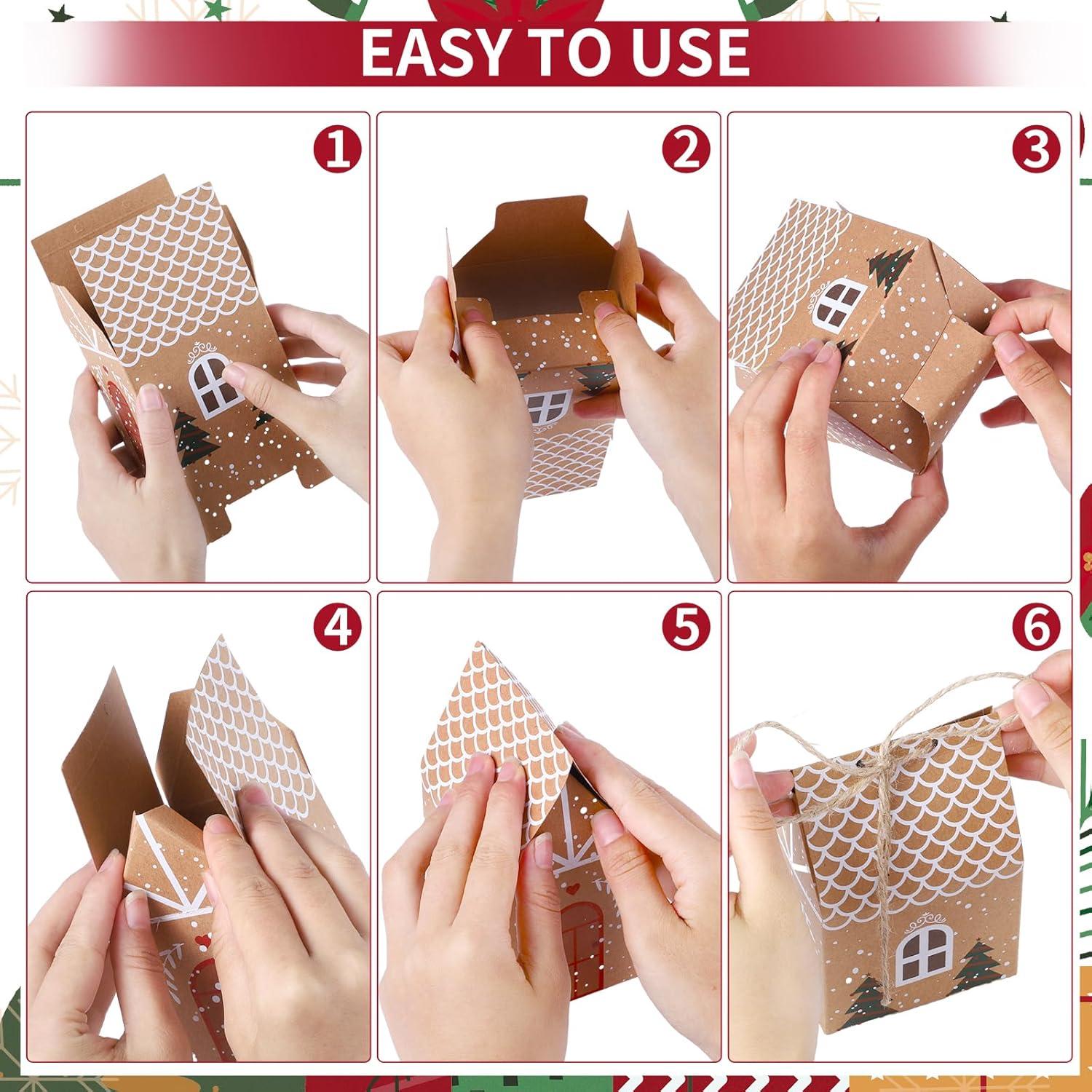 24 Stück Geschenkbox Weihnachten Kraftpapier Häuschen Adventskalender