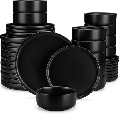 36tlg Steingut Teller Schalen Set Schwarz, mattiert