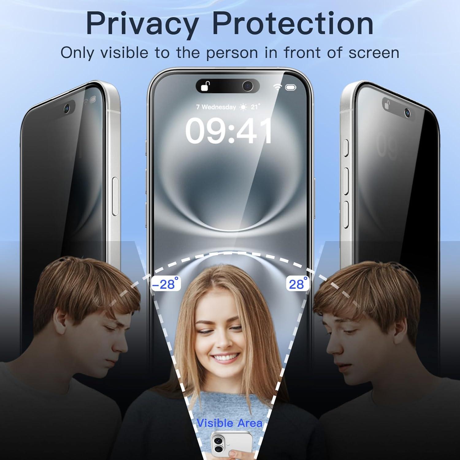 Sichtschutz Anti-Spy gehärtete Glas Schutzfolie 2 Stück iPhone 16 6,1