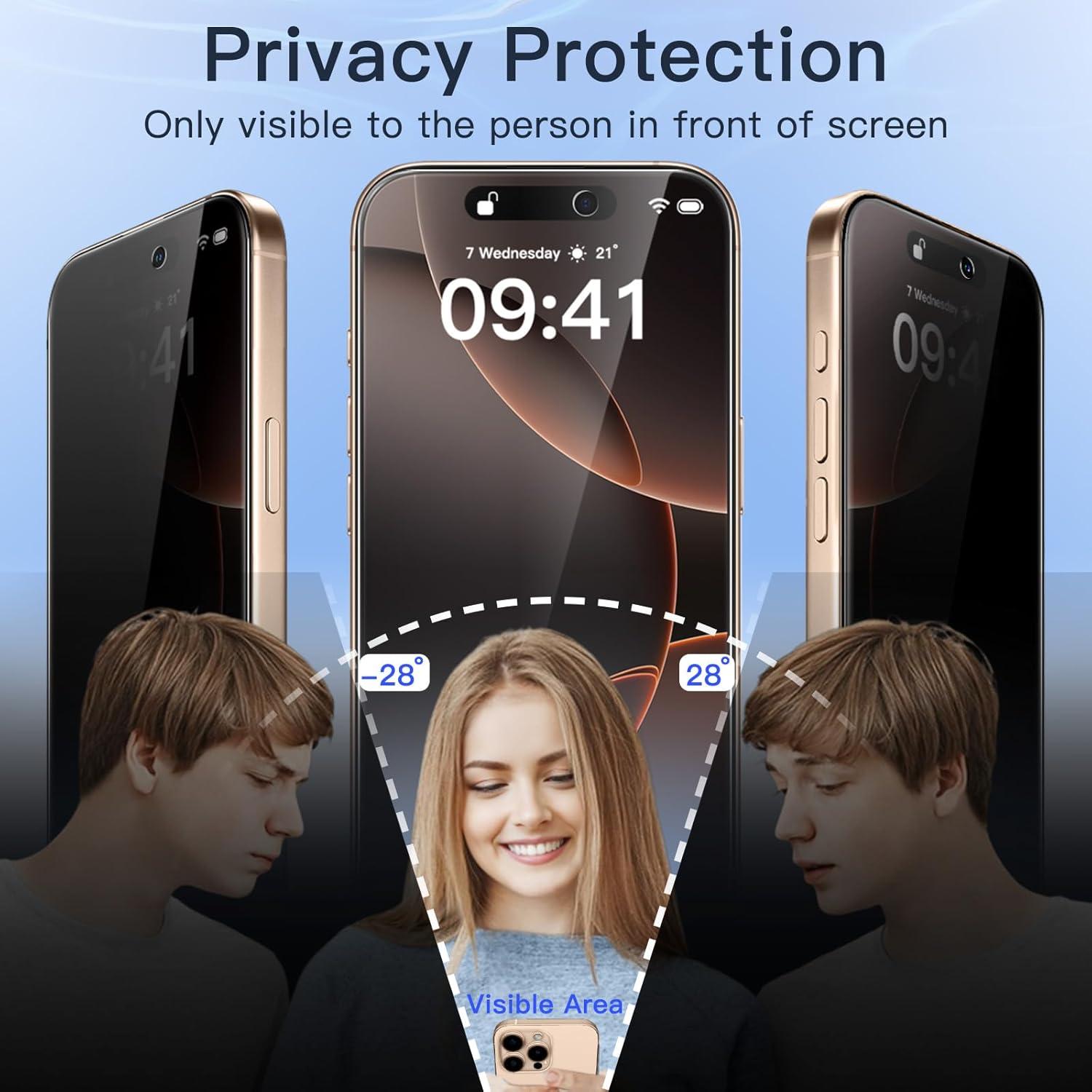 Sichtschutz Schutzfolie iPhone 16 Pro Max 6,9 Zoll 9H Glas Anti-Spy