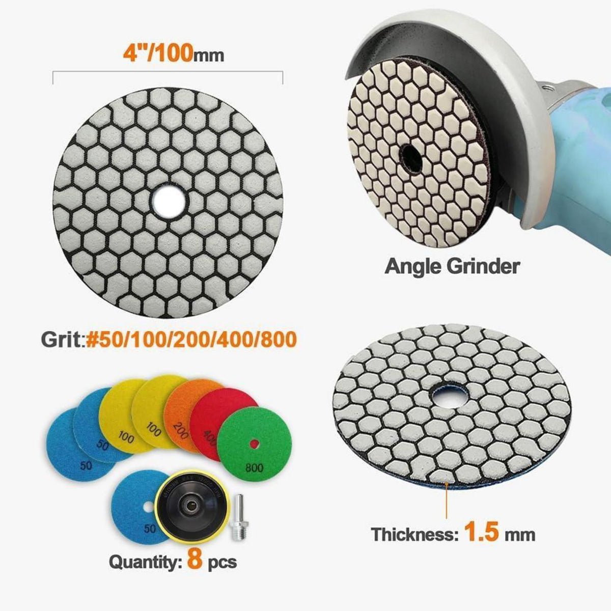 Diamant Polierscheiben Set 100mm für Stein & Beton, Trockenpolieren