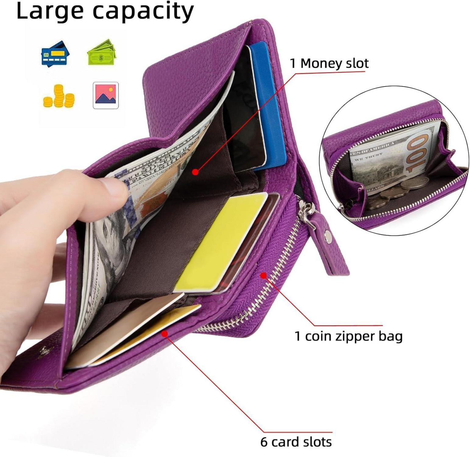 Damen Geldbörse Trifold Leder Portemonnaie mit Kartenfächern, Banknoten- und Münzfach, Lila