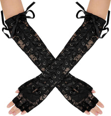 Damen Spitzenhandschuhe Gothic Armstulpen Schnürung Schwarz