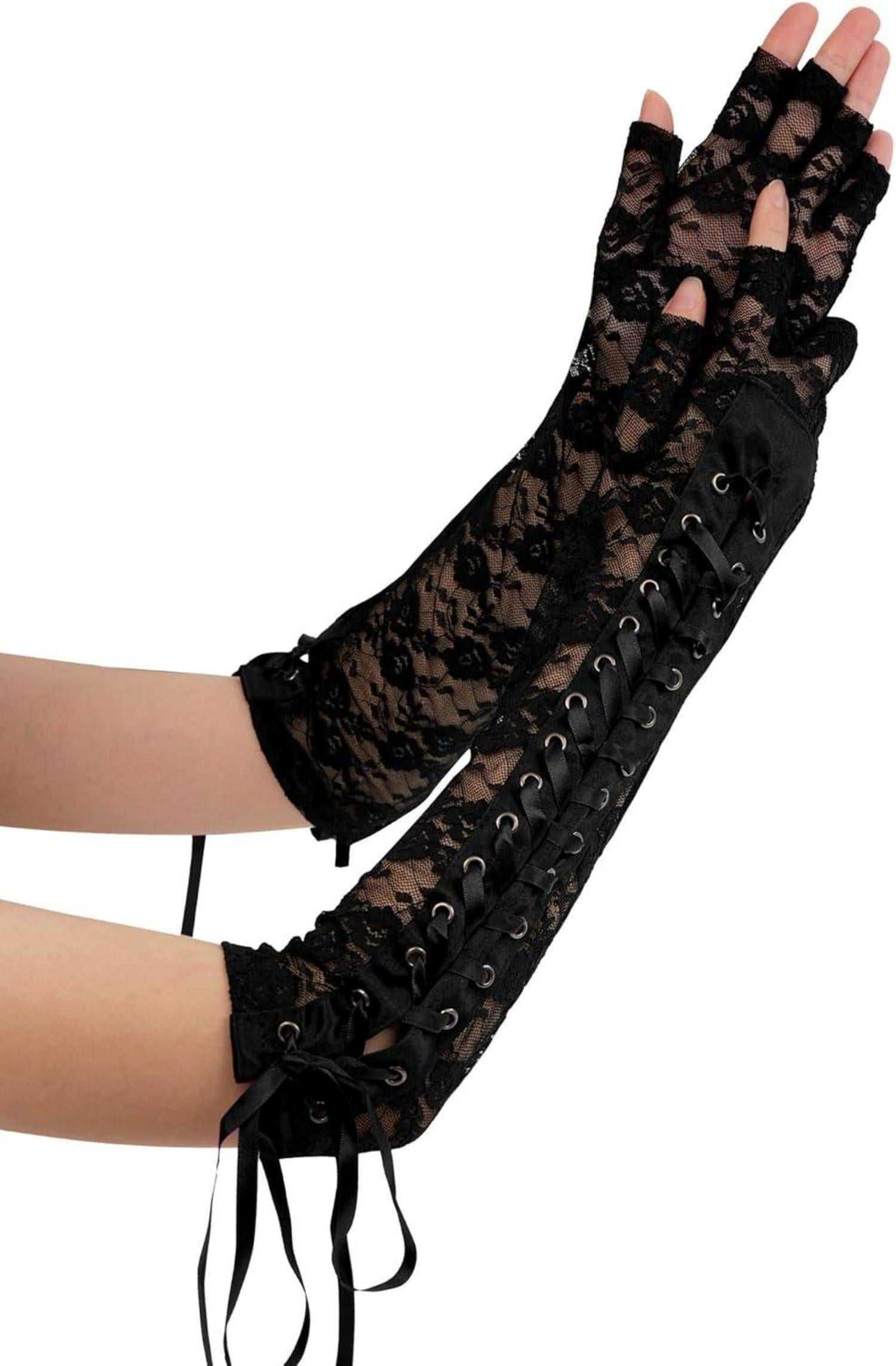 Damen Spitzenhandschuhe Gothic Armstulpen Schnürung Schwarz
