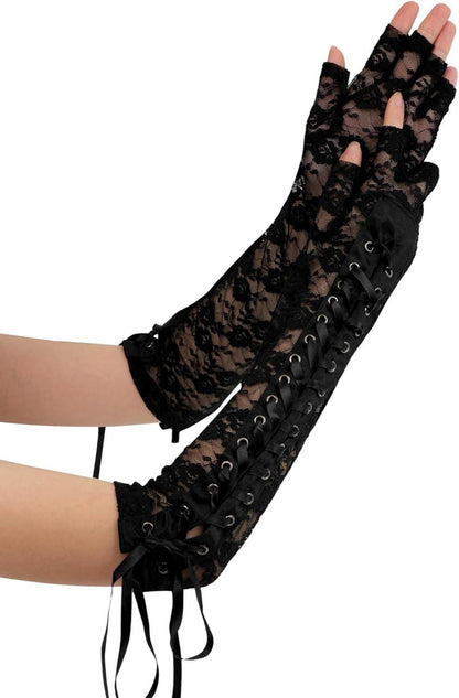 Damen Spitzenhandschuhe Gothic Armstulpen Schnürung Schwarz