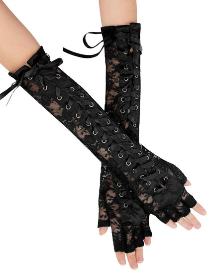 Schwarze Spitzenhandschuhe Damen Gothic Steampunk Schnürung Armstulpen