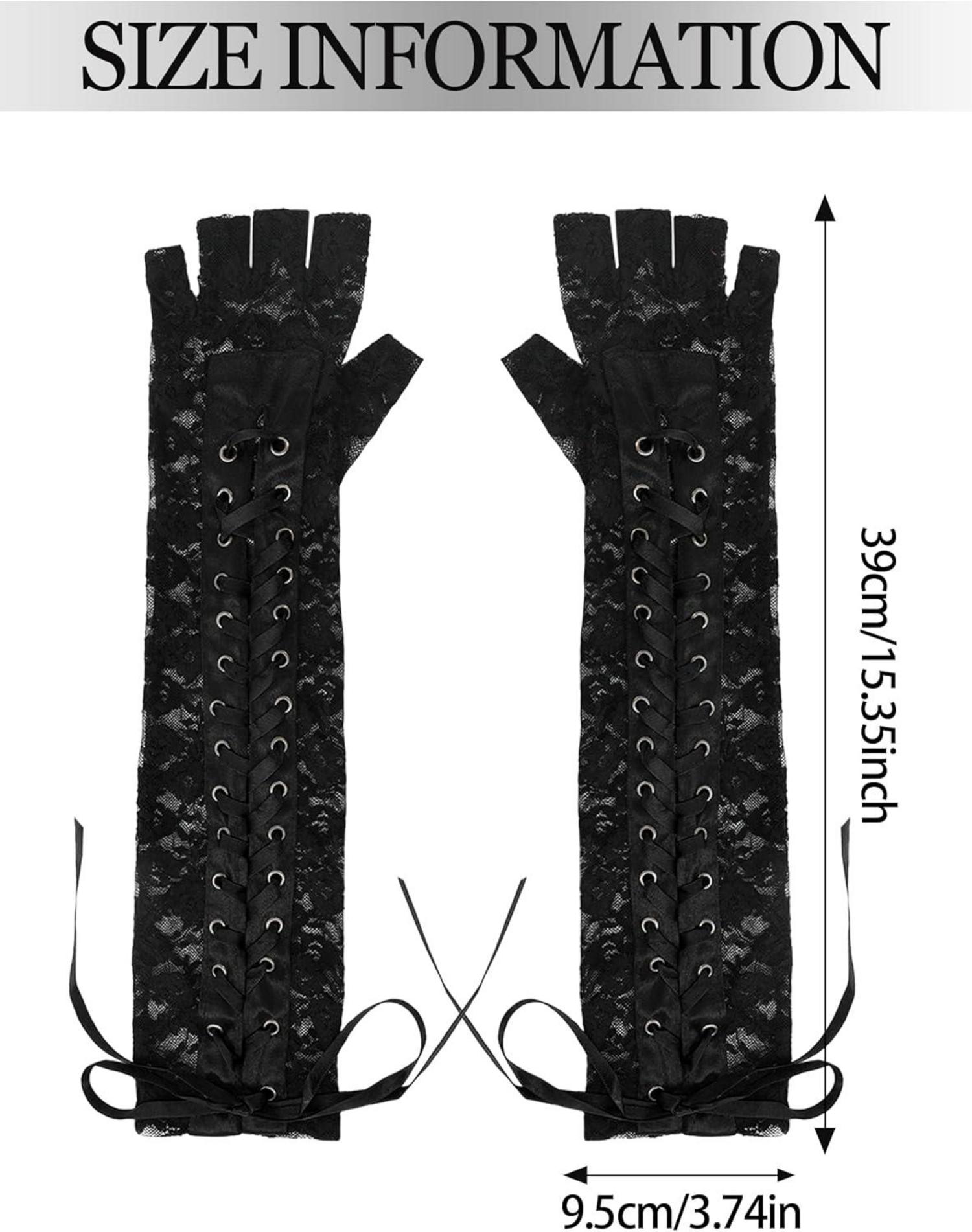 Damen Gothic Spitzenhandschuhe Lang Schwarz Schnürung Opera Handschuhe