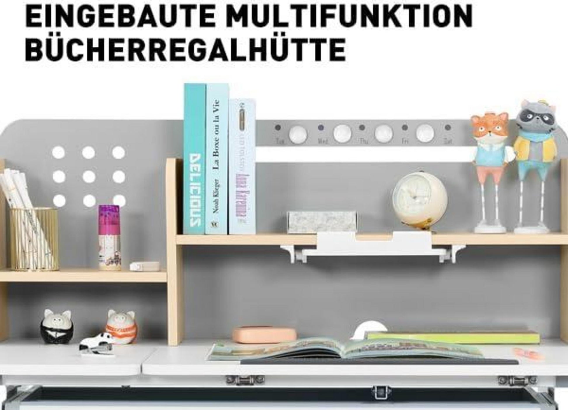 Höhenverstellbarer Studiertisch für Kinder, Bücherregale, Neigbare Tischplatte