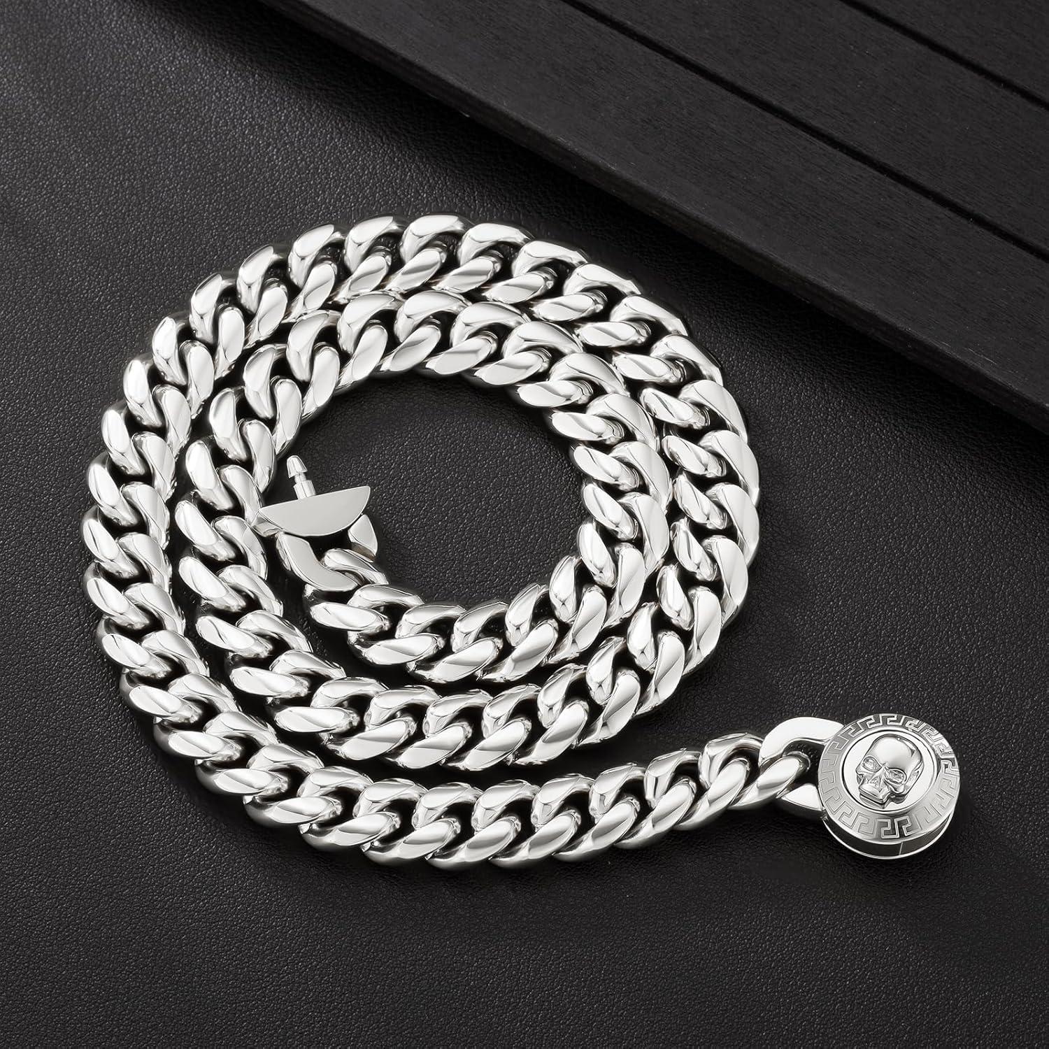 12mm Herren Panzerkette mit Totenkopf Verschluss, Gold Cuban Link