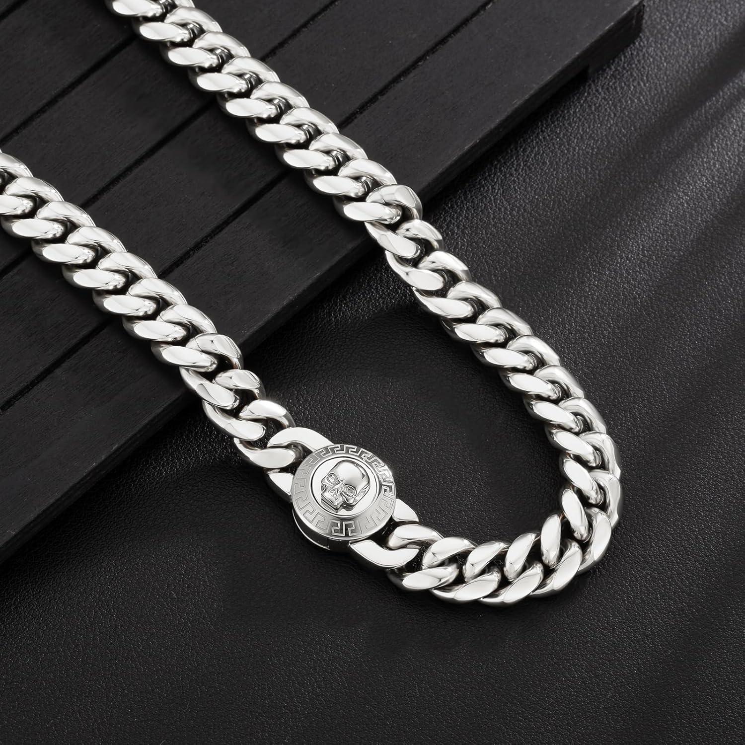 KRKC&CO Herren 12mm Panzerkette Gold Miami Cuban Link 61cm Totenkopf