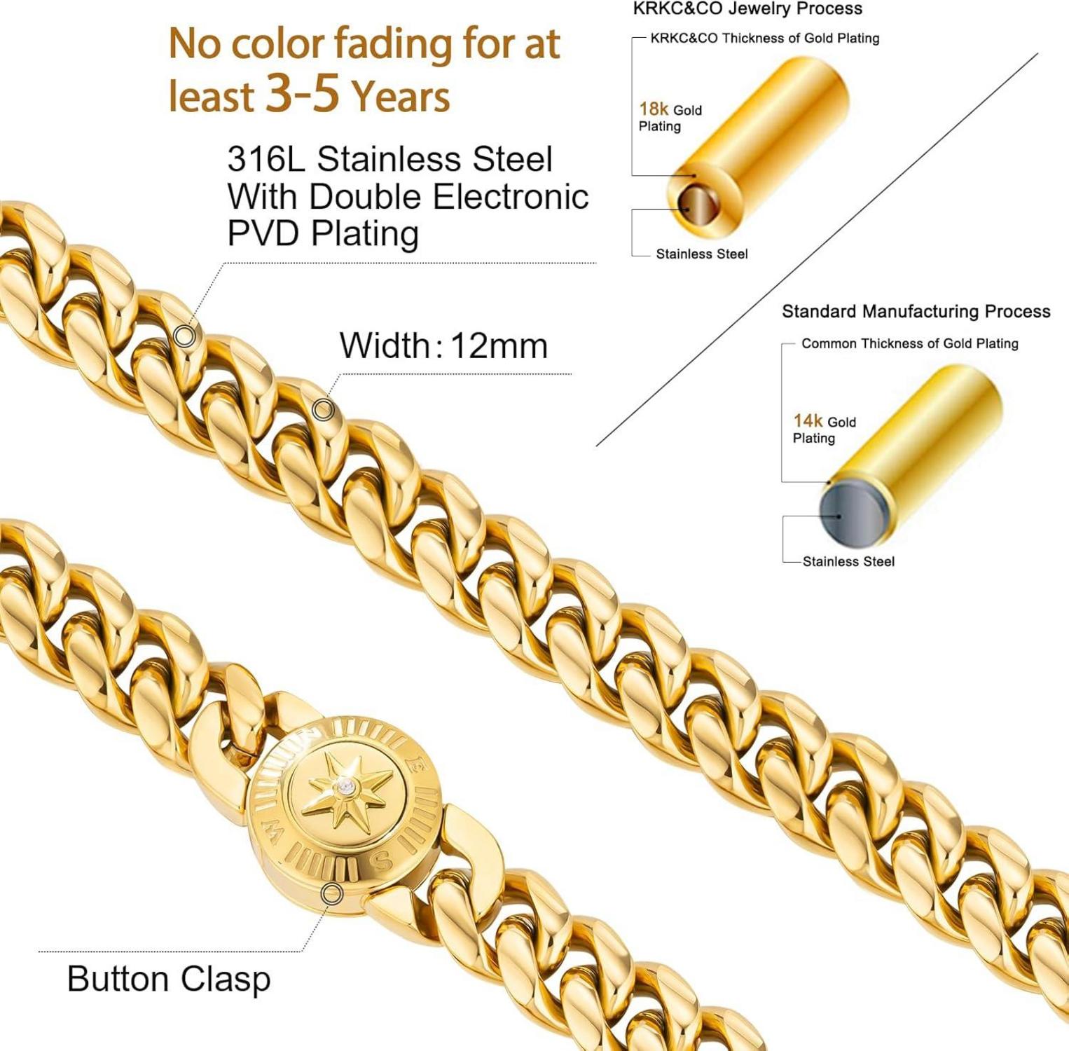 12mm Herren Armband mit Löwenkopf Verschluss 18K Gold beschichtet Cuban Armband 20,3cm Gold