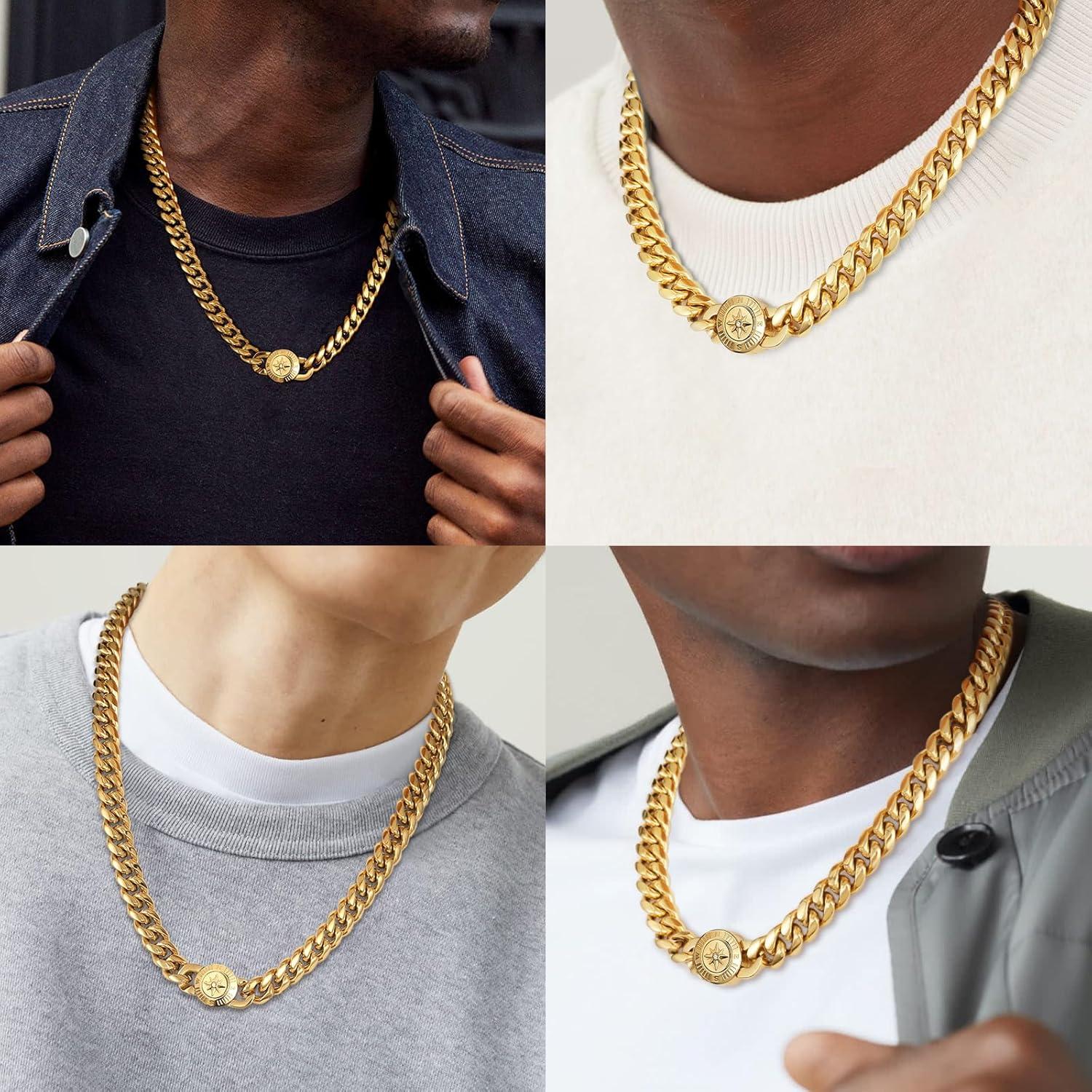 Herren Panzerkette 12mm 18K Gold plattiert Miami Kubanische Gliederkette 61cm Gold Kompass