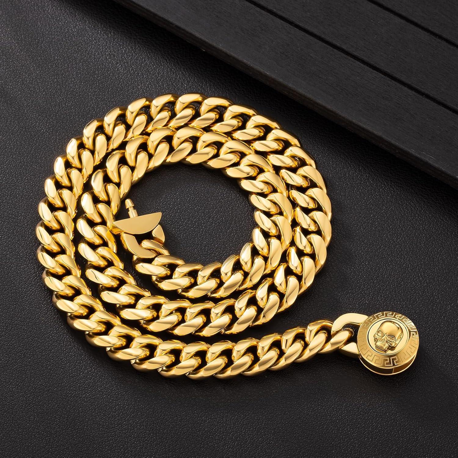 12mm Herren Panzerkette mit Löwe/Totenkopf Verschluss, 18K Gold