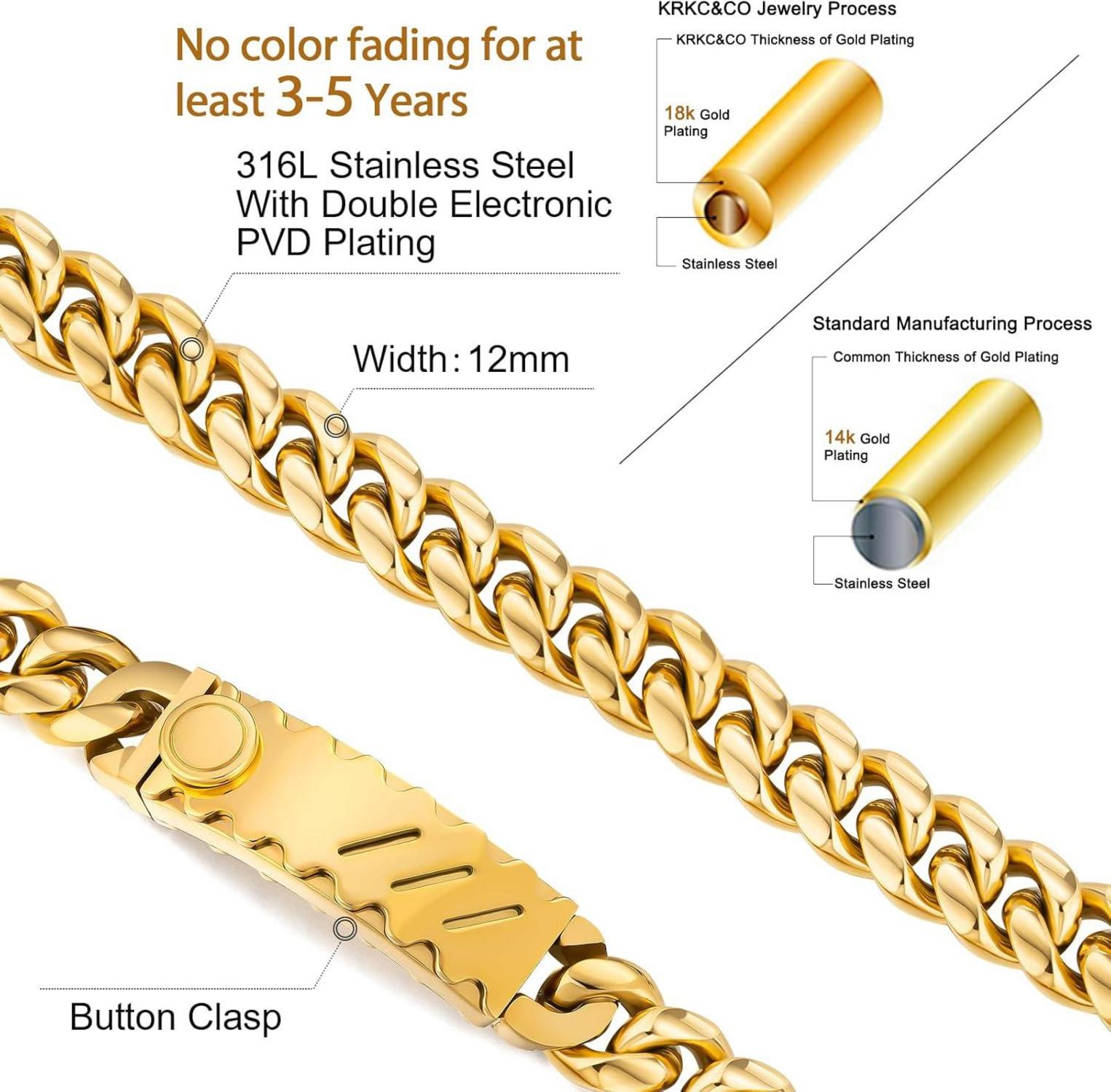 KRKC&CO 12mm Herren Armband mit Löwe Kopf Verschluss Gold beschichtet Cuban Link Armband
