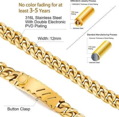 KRKC&CO 12mm Herren Armband mit Löwe Kopf Verschluss Gold beschichtet Cuban Link Armband