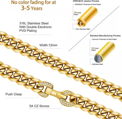 KRKC&CO Panzerkette Herren 12mm 18K Gold Cuban Link Chain Edelstahl Gold Kubanische Kette