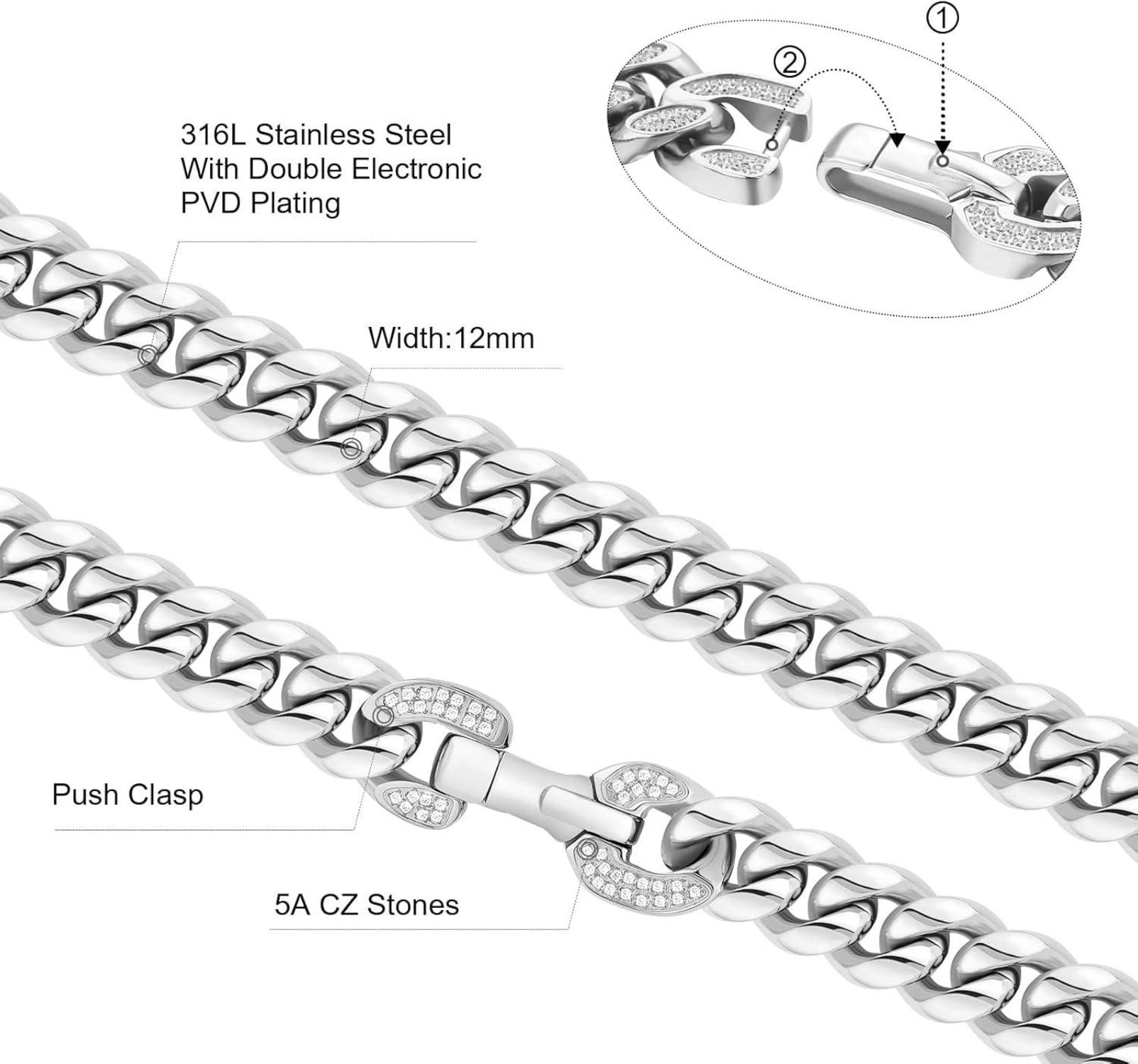 KRKC&CO Panzerkette Herren 12mm 18K Gold/Weißgold plattiert Cuban Link Chain Silberkette 55.9cm