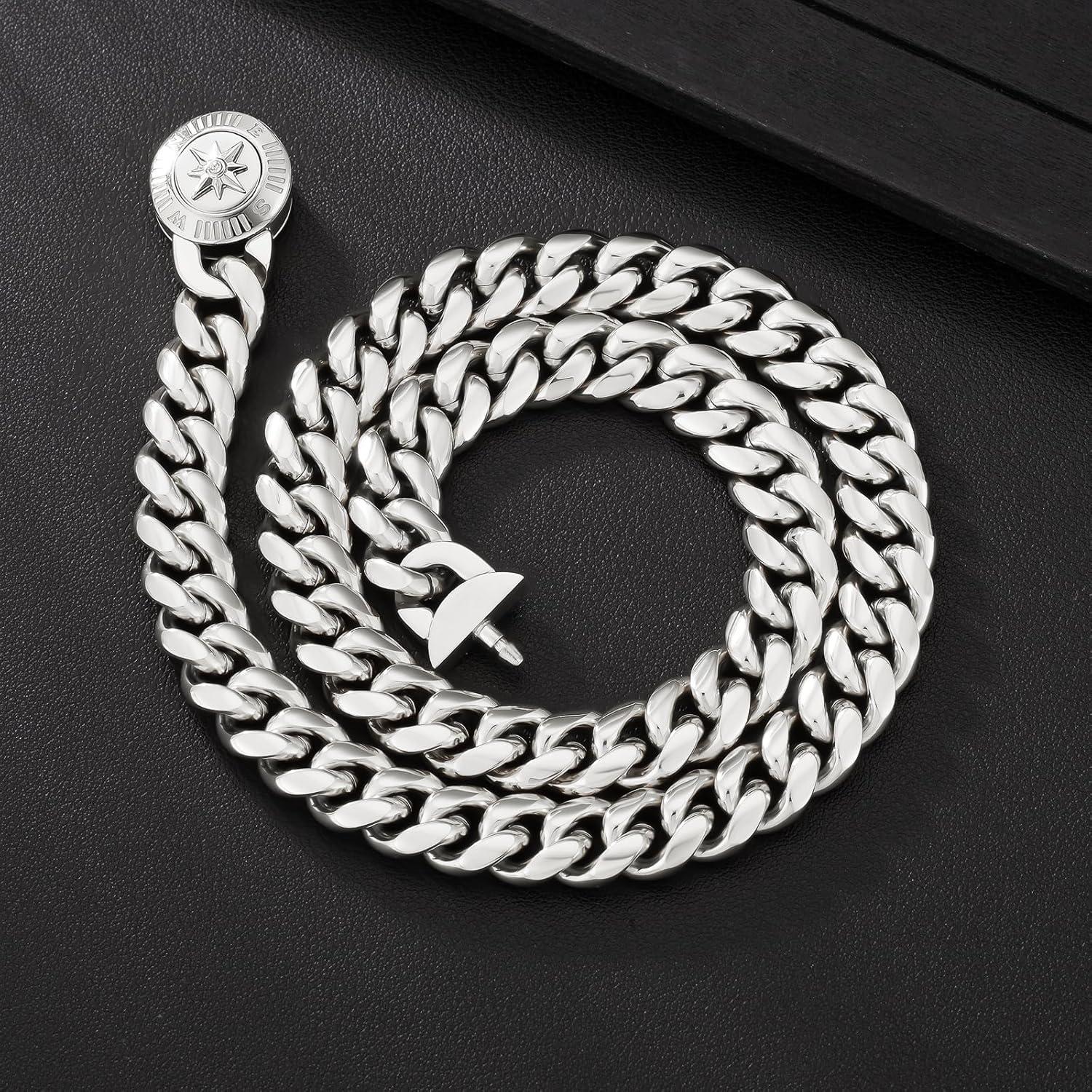 Herren Panzerkette 18K Gold plattiert Cuban Link Chain 12mm Silber Comapss