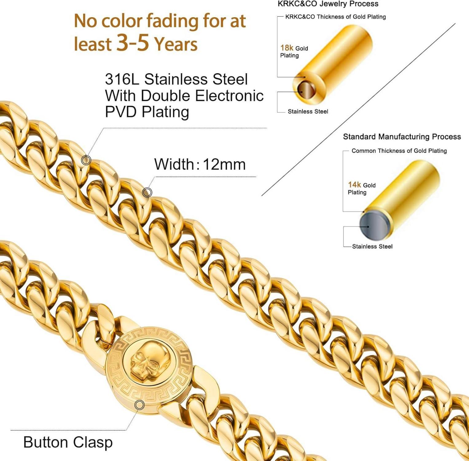Herren Armband mit Löwe/Totenkopf Verschluss, 18K Gold beschichtet Panzerarmband 12mm